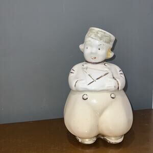 American Bisque 1940s Vintage" DUTCH SAILOR BOY" with sail boat COOKIE JAR